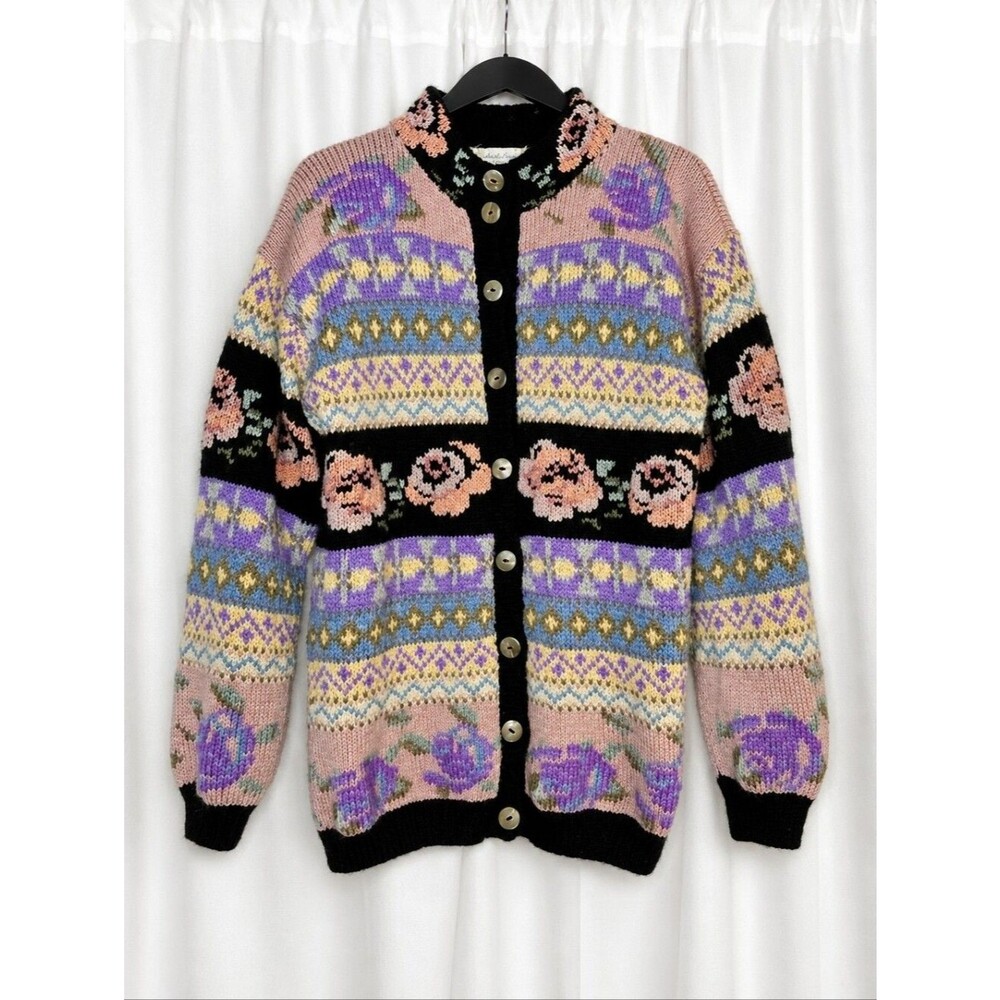 Roberta Frost Romantic Vintage Hand Knit Wool Floral Fair Isle Cardigan Sweater